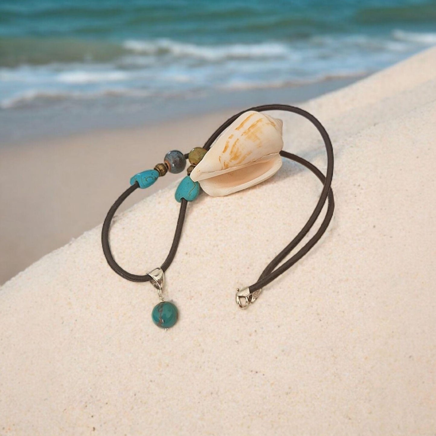 Genuine Turquoise Bead Necklace | 45 cm PU Cord with Silver Bail & Silver Clasp |December Birthstone