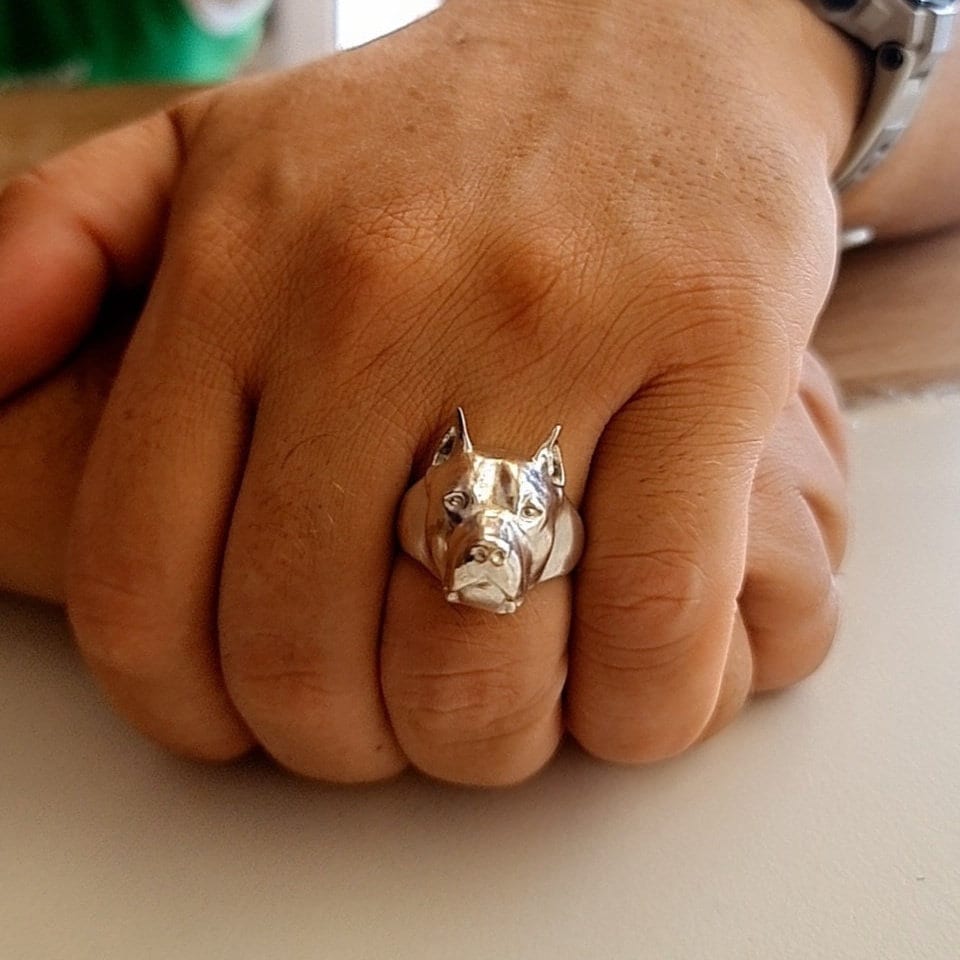 Handmade Sterling Silver Pitbull Ring: Dog Lover Gift