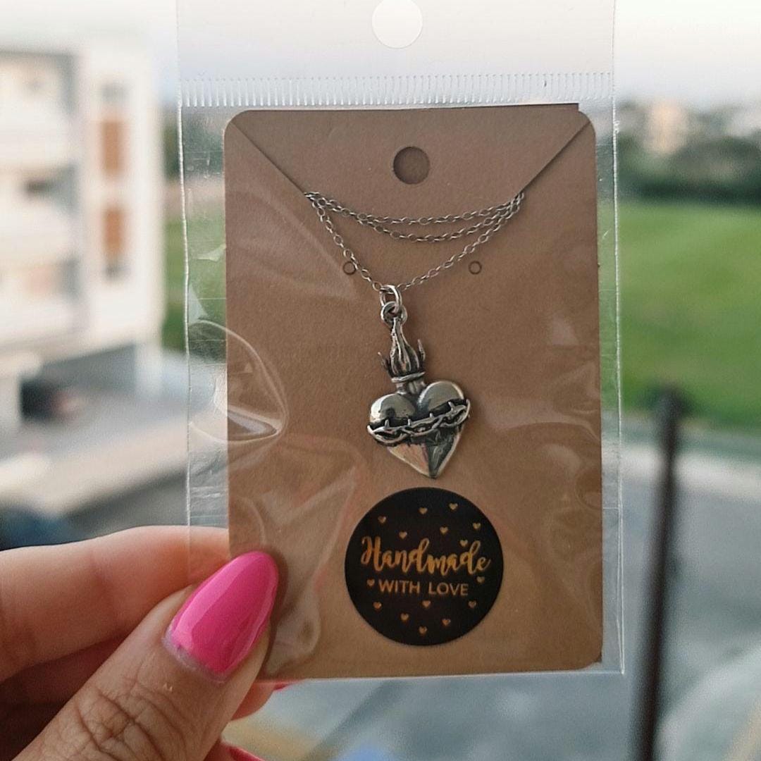 Sterling Silver Sacred Heart Necklace: Flame & Thorns, Catholic Gift