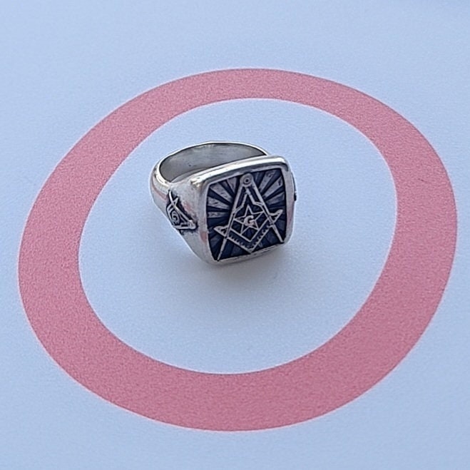Masonic Square and Compass Symbol Ring - Solid Freemasonry Emblem for Men -925 Sterling Silver -