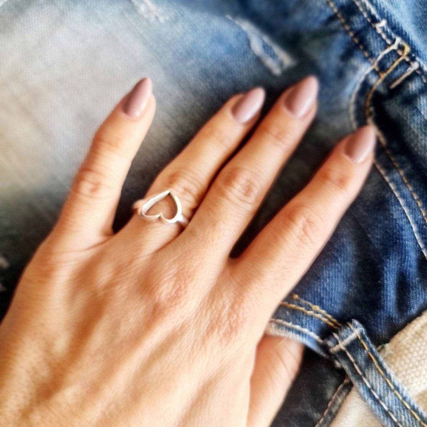 Open Heart Ring Sterling Silver, Minimalist Ring, Geometric