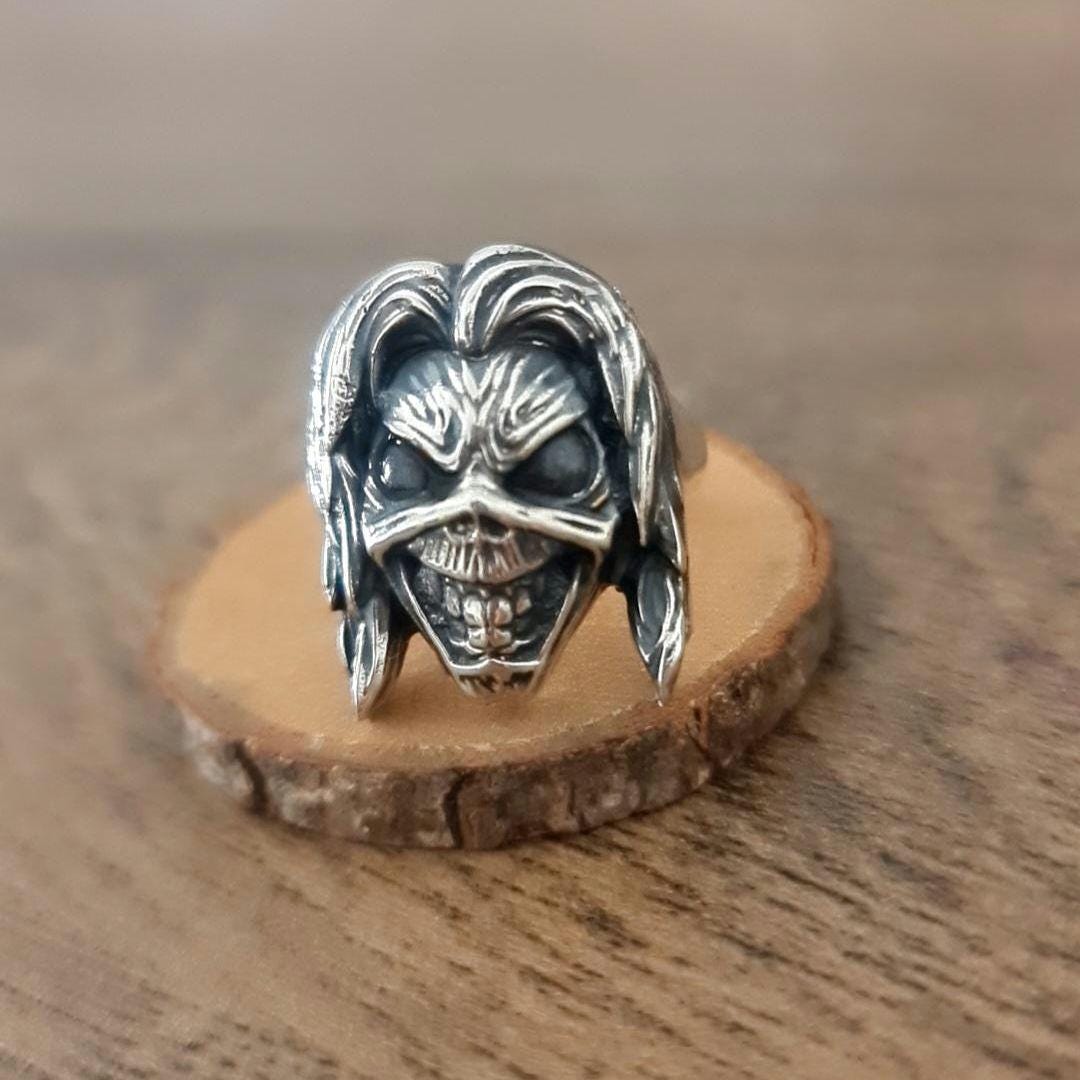Handmade Sterling Silver Iron Maiden Killers - Eddie Skull Ring: Biker Rock Pendant