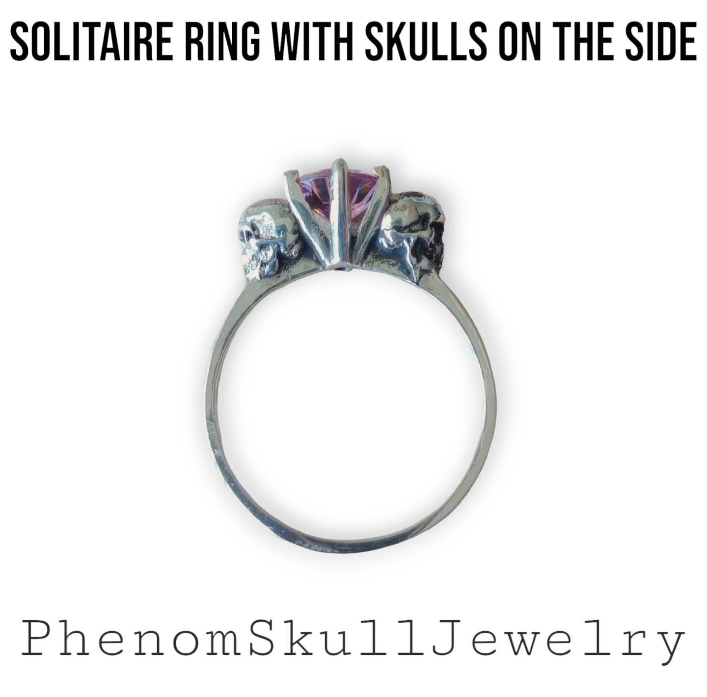 Sterling Silver Skull Solitaire Ring: Gothic Zircon Stone