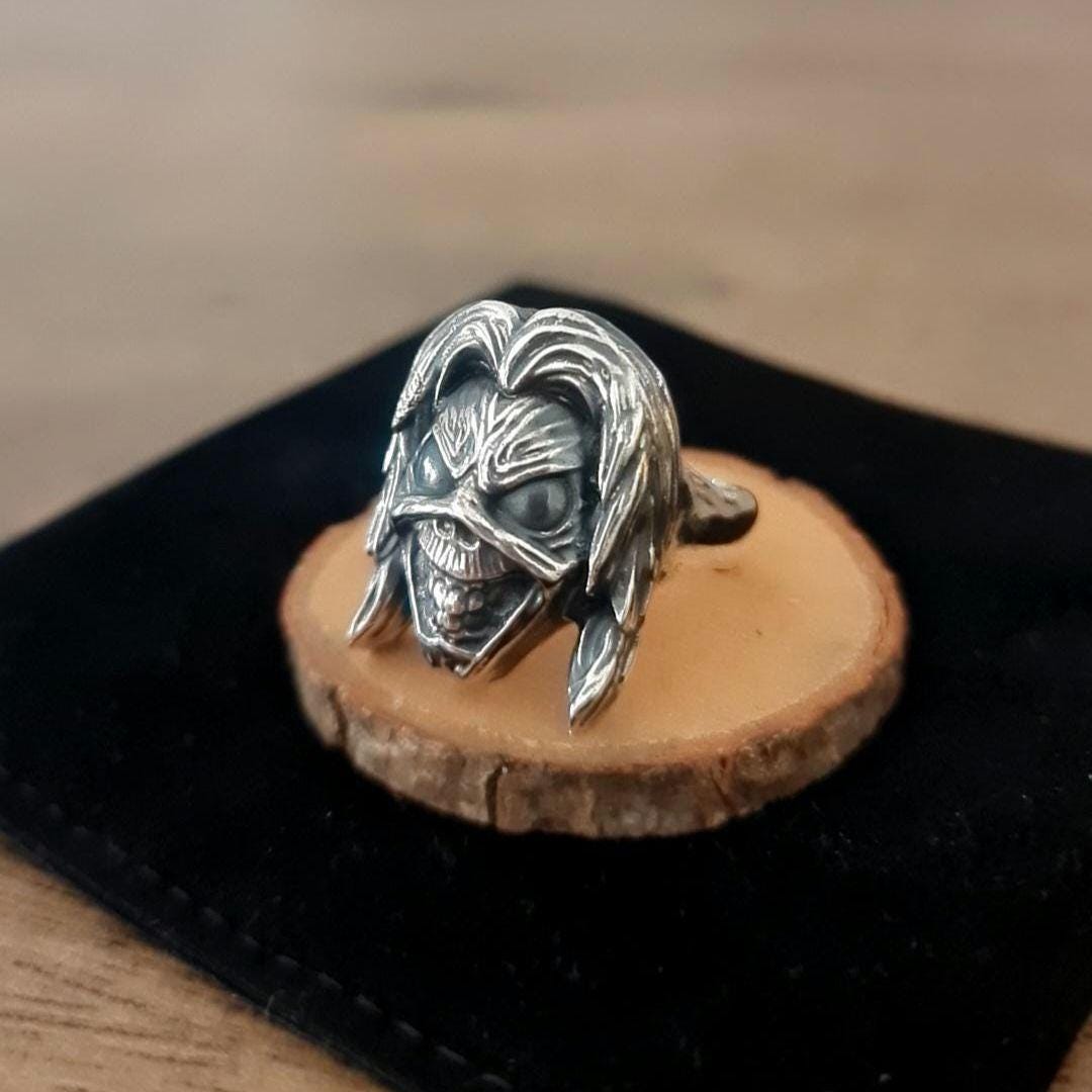 Handmade Sterling Silver Iron Maiden Killers - Eddie Skull Ring: Biker Rock Pendant