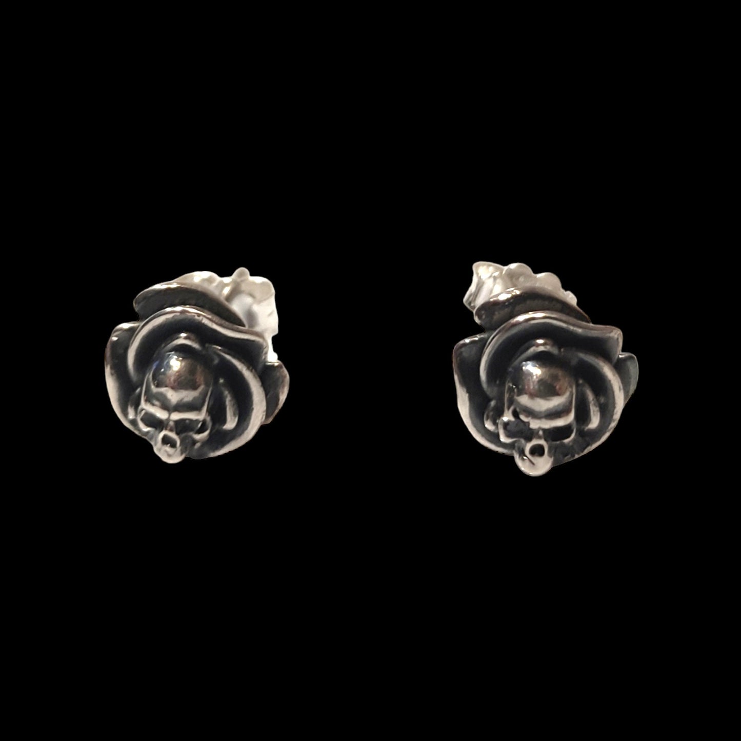 Roses and Skulls Stud Earrings - Gothic Style - Sterling Silver -