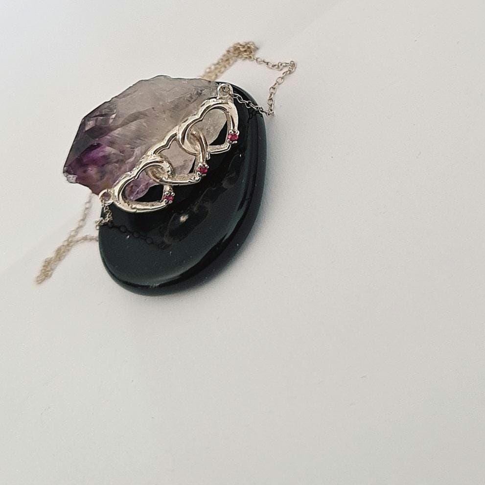 Sterling Silver Interlocking Hearts Necklace: Red Stone Accents, Romantic Gift