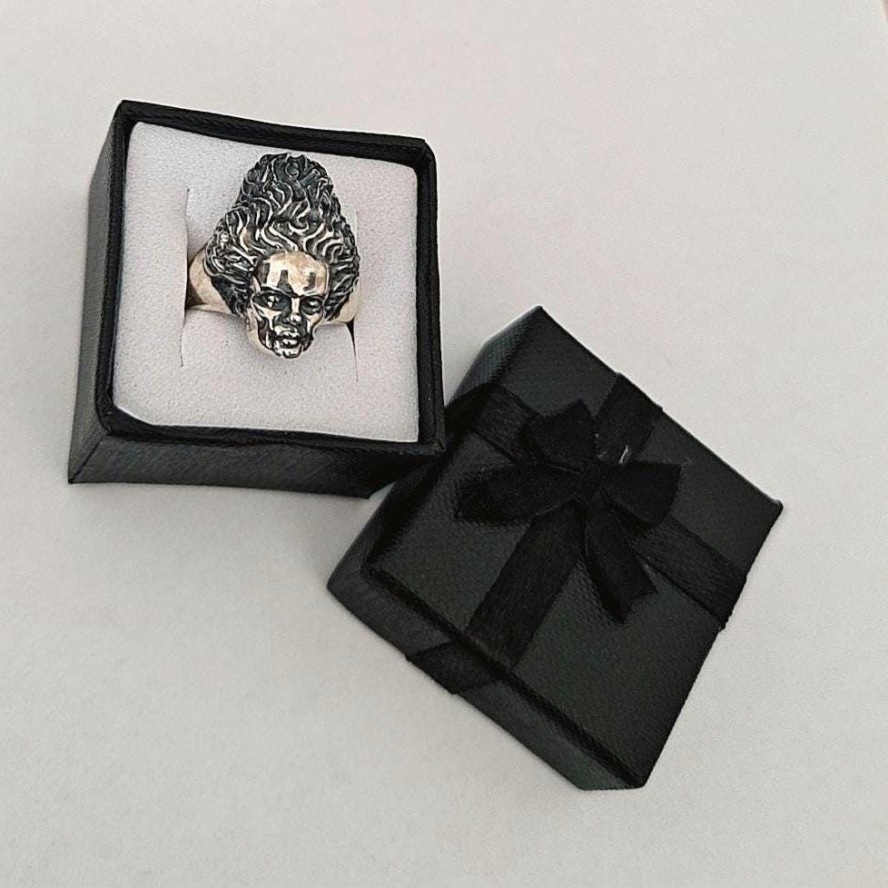 Handcrafted Gothic Frankenstein's Bride Sterling Silver Ring - Horror Enthusiast Gift