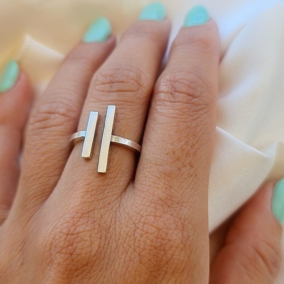 Handmade Sterling Silver Parallel Bars Ring: Minimalist Geometric Jewelry