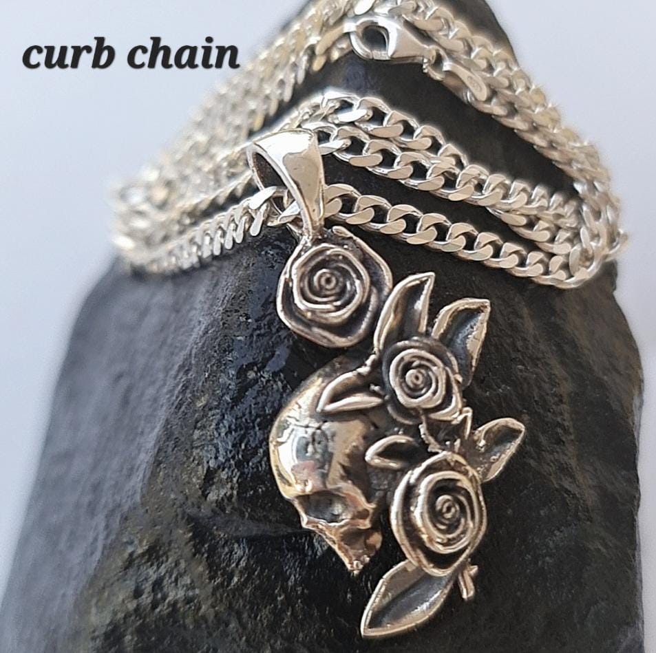 Gothic Skull & Roses Silver Pendant | Dark Rose Skull Charm | Alternative Witchy Jewelry