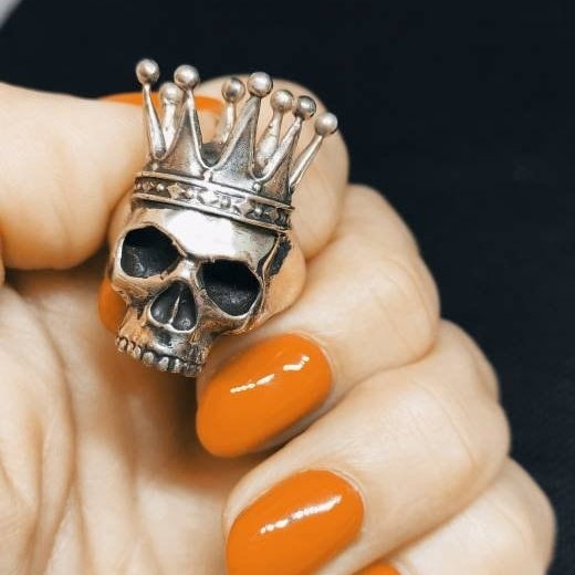 Handmade 925 Silver Skull Ring with Crown: Gothic Biker Jewelry