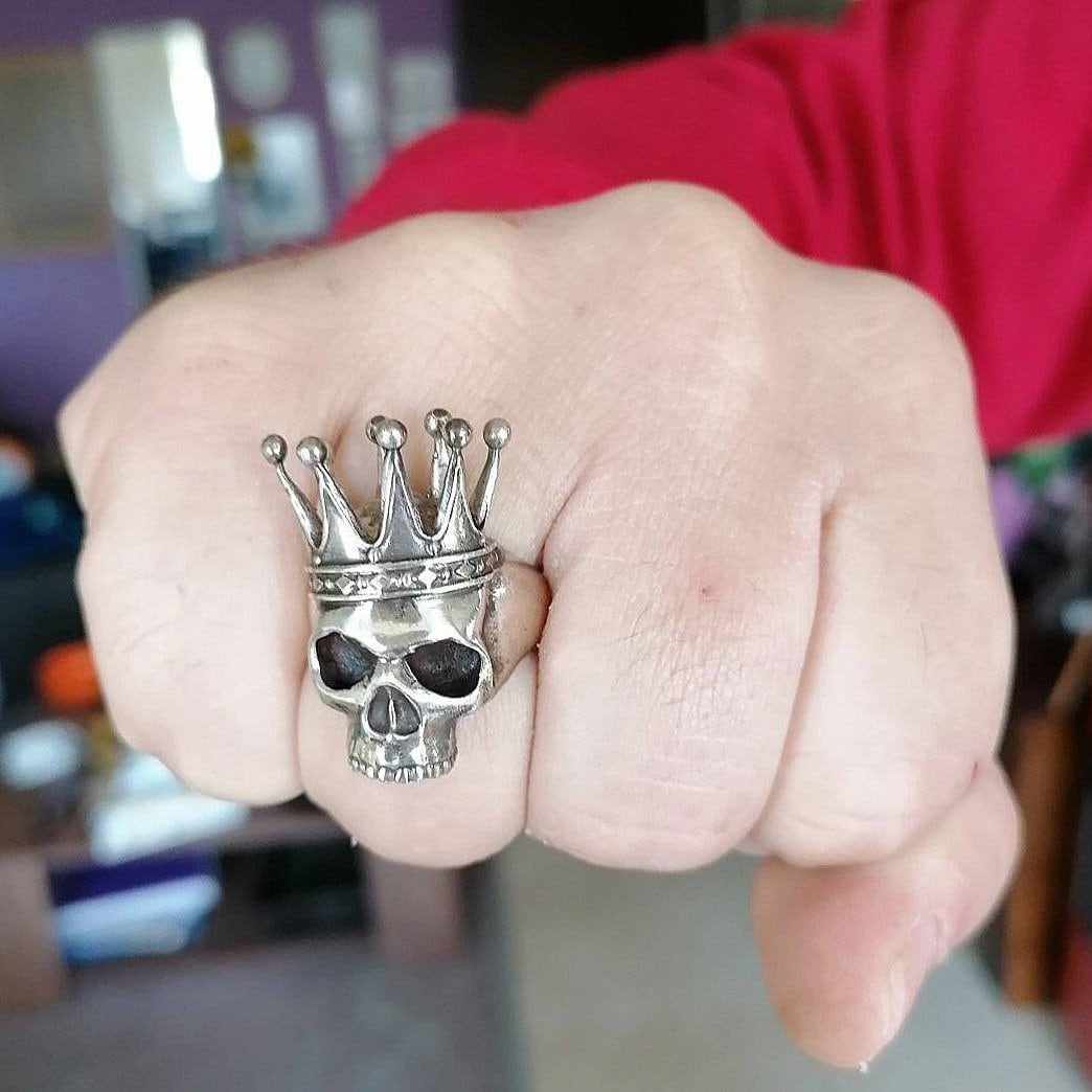 925 Silver King Skull Ring with Crown: Gothic Biker Jewelry  A symbol of mortality
