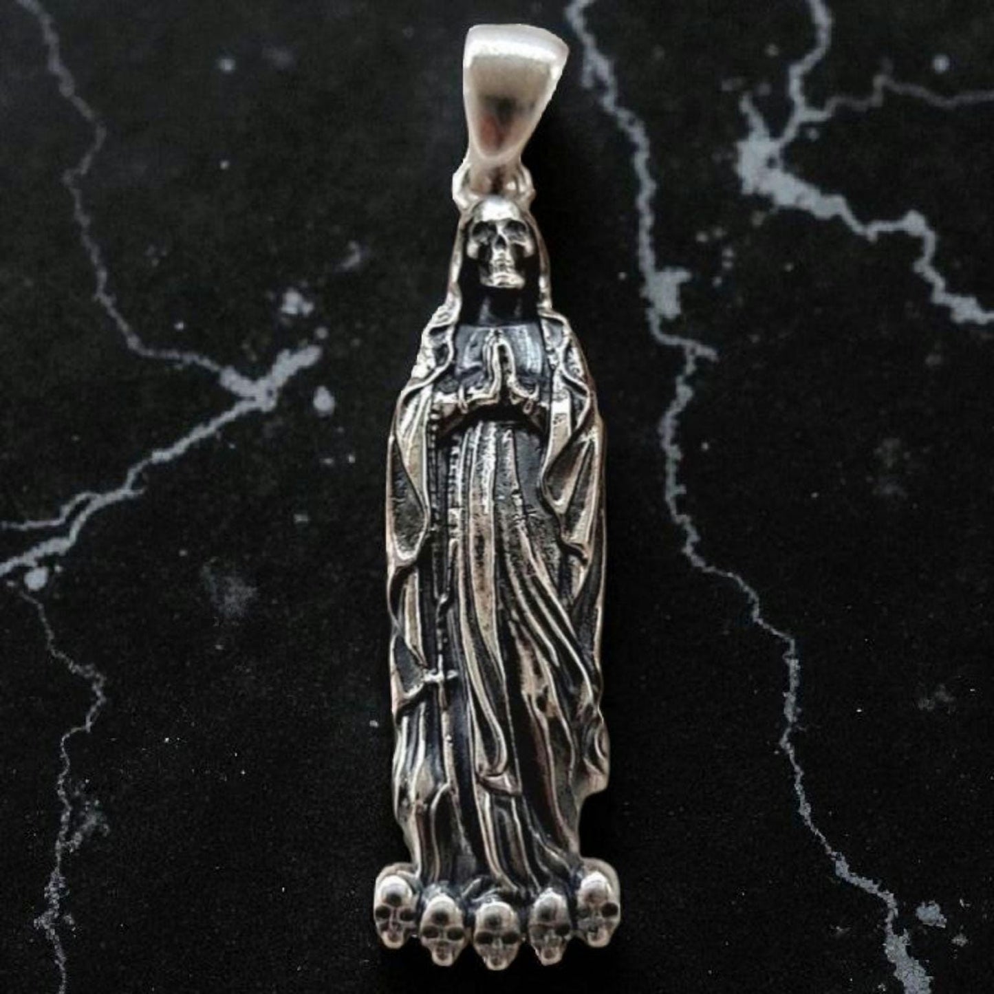 Silver Santa Muerte Rosary Necklace: Gothic Grim Reaper Immaculate detail