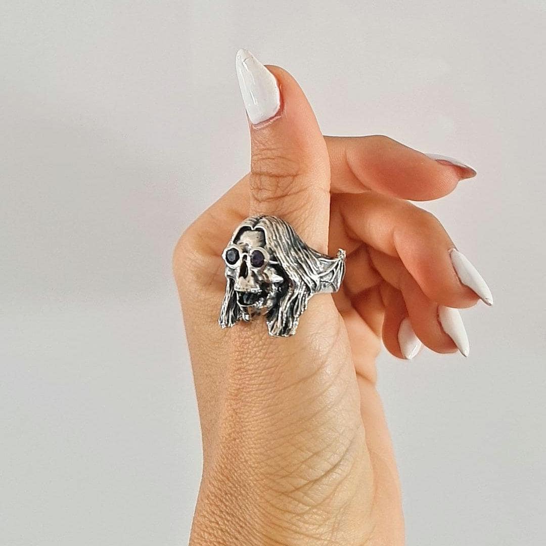 Sterling Silver "Prince of Darkness" Skull Ring Amethyst Sunglasses, Bat Wing Band -