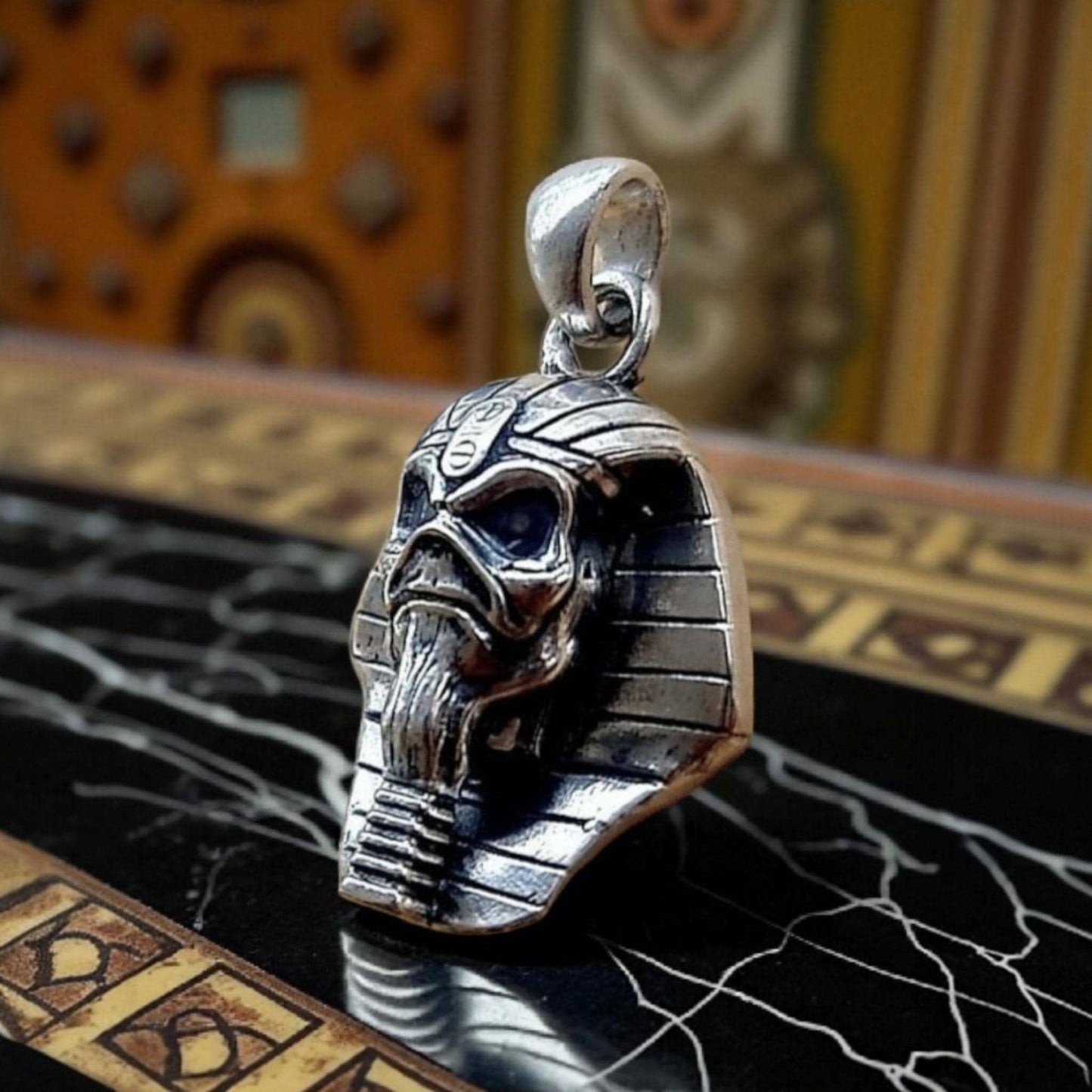 Eddie  Pharaoh King Skull Pendant- Egyptian -Rock  Heavy metal- Sterling Silver