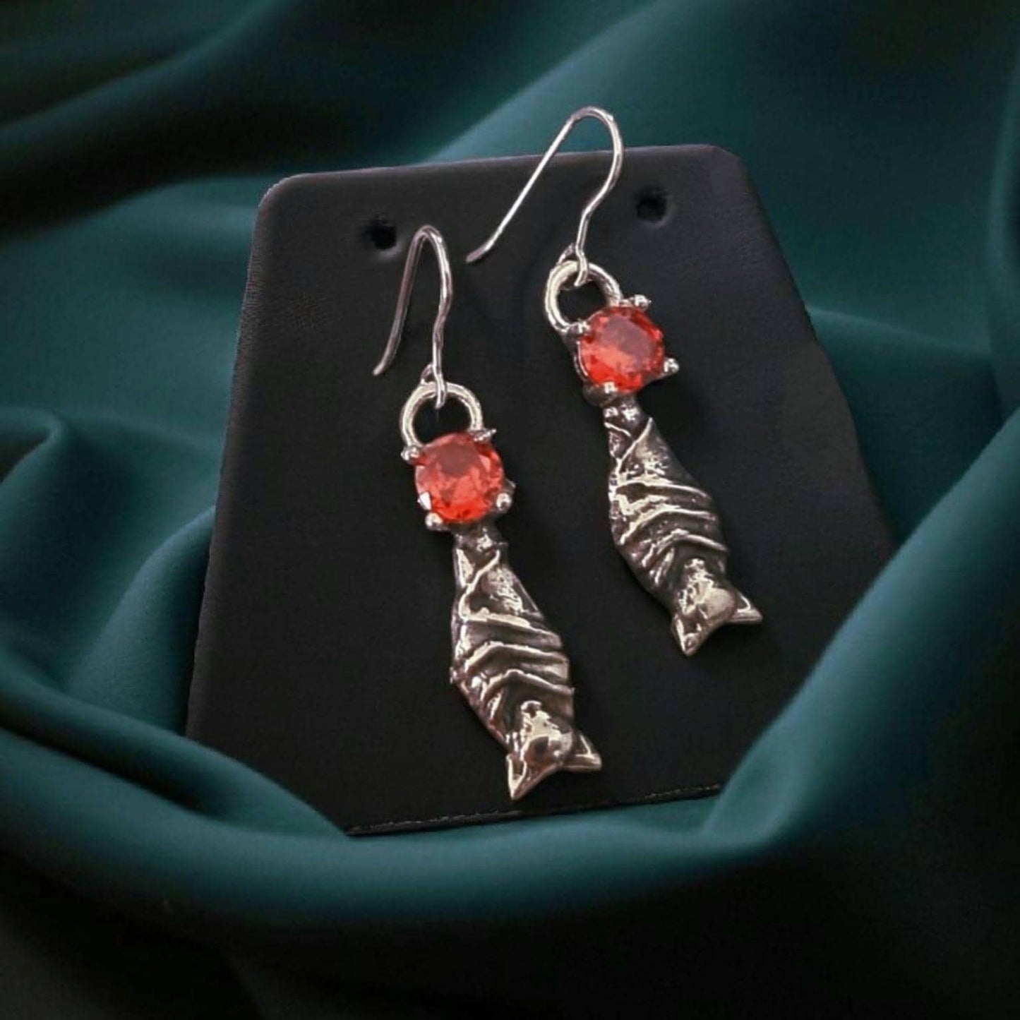 Silver Bat Dangle Earrings with Ruby Zircon | Gothic Witchy Jewelry | Halloween Vampire Earrings