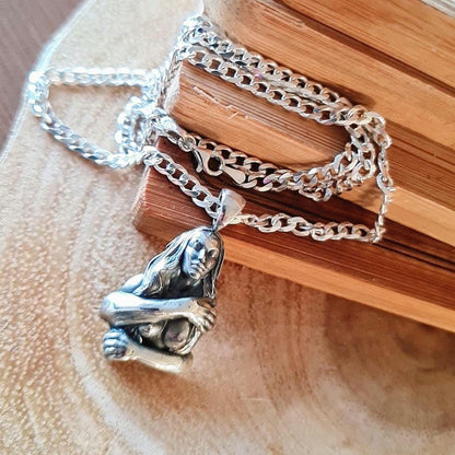 Retro topless godess held by man's arms- Pendant in 925  Sterling Silver -Unique Handcrafted Gift for Her or him