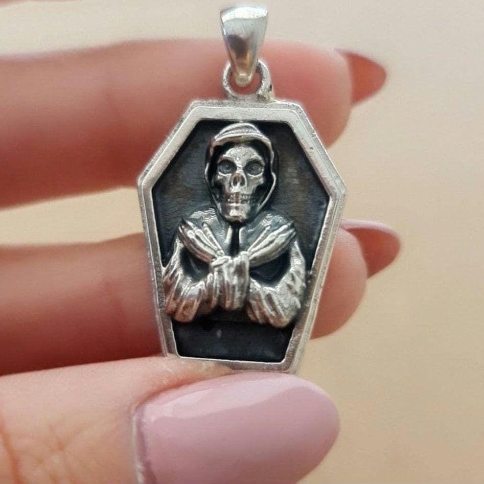 Handmade Sterling Silver Misfits Skull Coffin Pendant - Gothic Horror