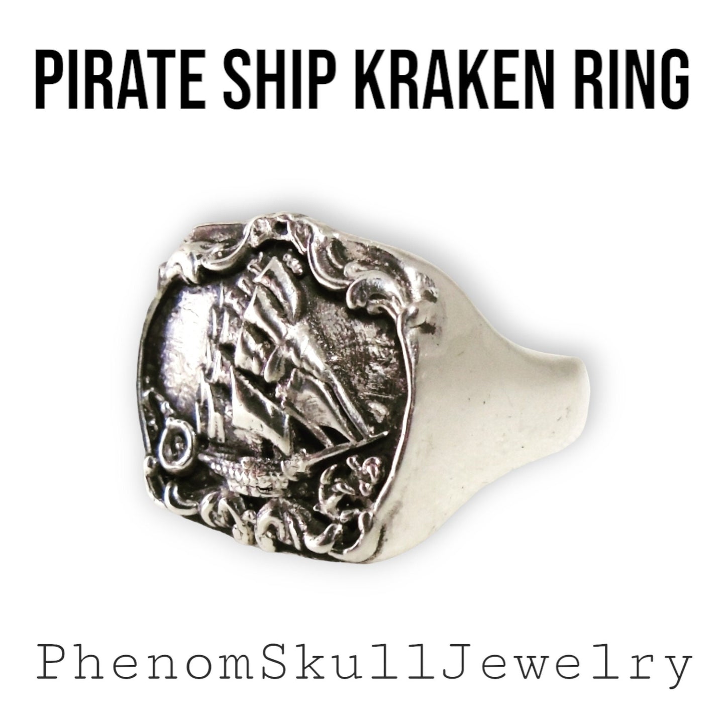 Handmade Sterling Silver Kraken Signet Ring: Gothic Pirate Ship Design
