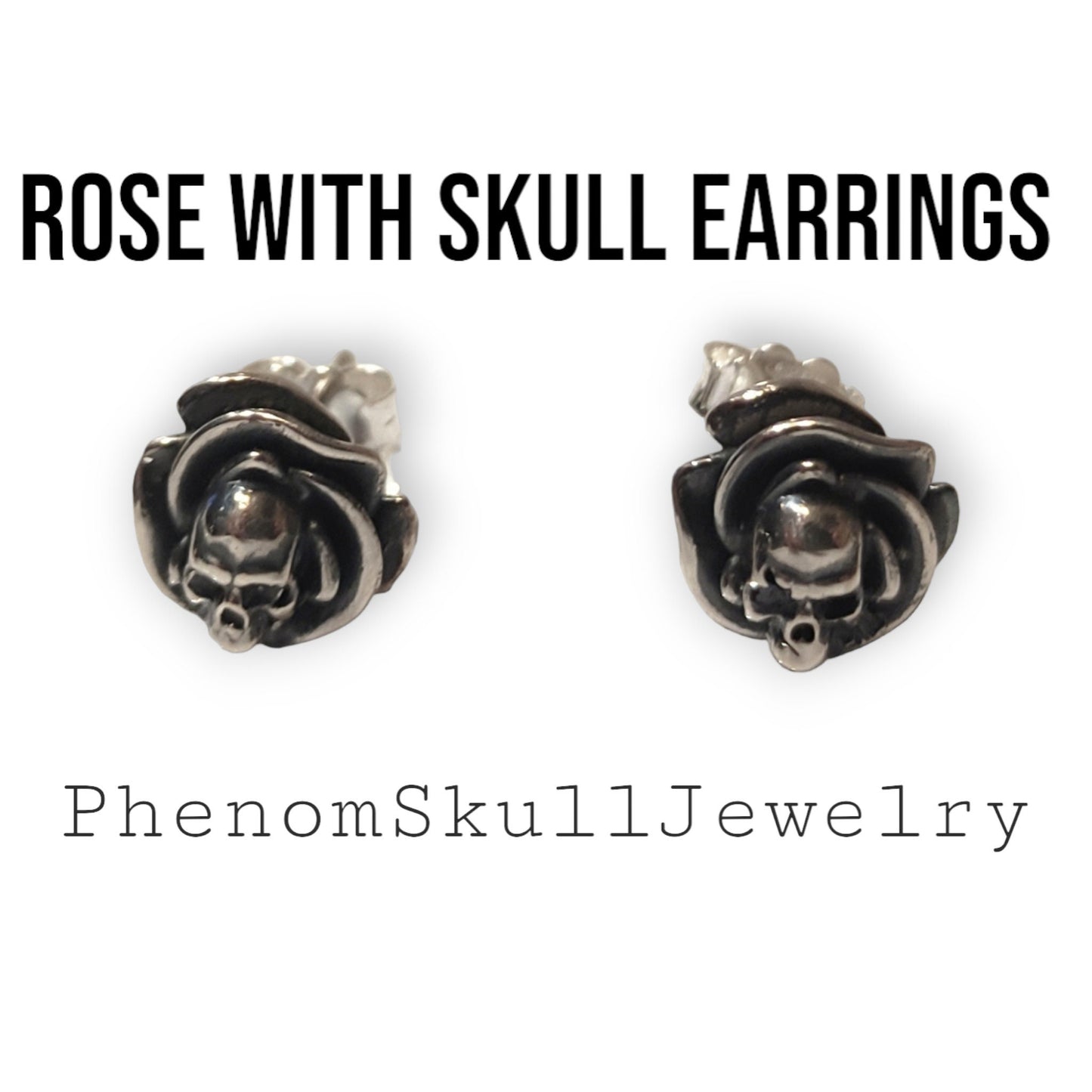 Roses and Skulls Stud Earrings - Gothic Style - Sterling Silver -