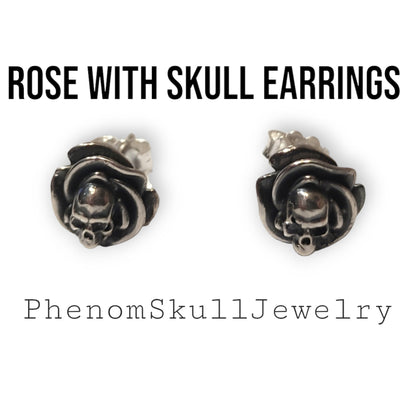 Roses and Skulls Stud Earrings - Gothic Style - Sterling Silver -