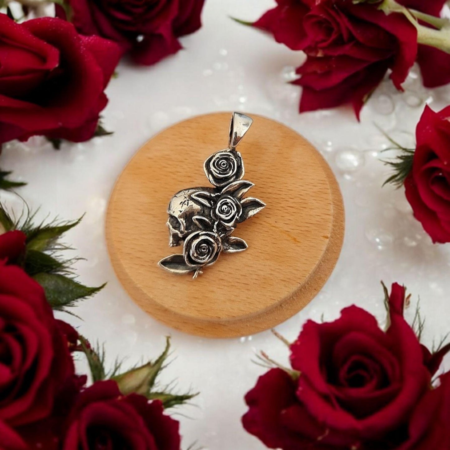 Gothic Skull & Roses Silver Pendant | Dark Rose Skull Charm | Alternative Witchy Jewelry