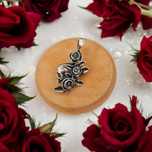 Gothic Skull & Roses Silver Pendant | Dark Rose Skull Charm | Alternative Witchy Jewelry
