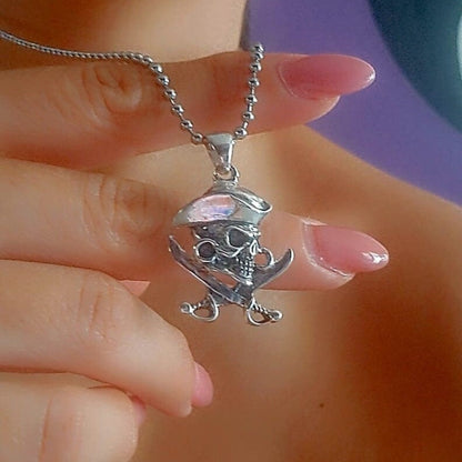 Handmade Silver Pirate Skull Necklace: Cross Swords Pendant