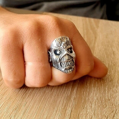 Handmade Sterling Silver Iron Maiden Eddie Skull Ring - Biker Punk Rock