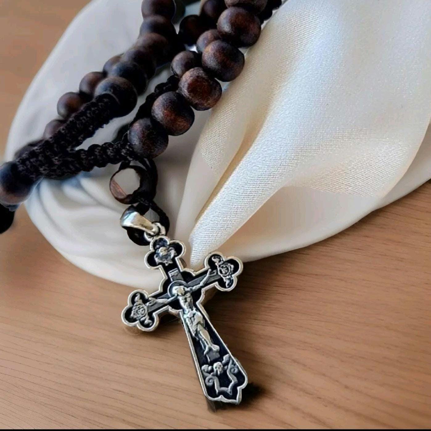 Handmade Sterling Silver Rosary Necklace: Jesus Crucifix Cross Pendant