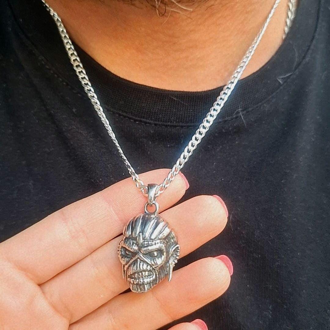 Handmade  Sterling Silver Iron Maiden Book of Souls - Eddie Mayan Warrior Skull Pendant -Rock  Heavy metal jewelry
