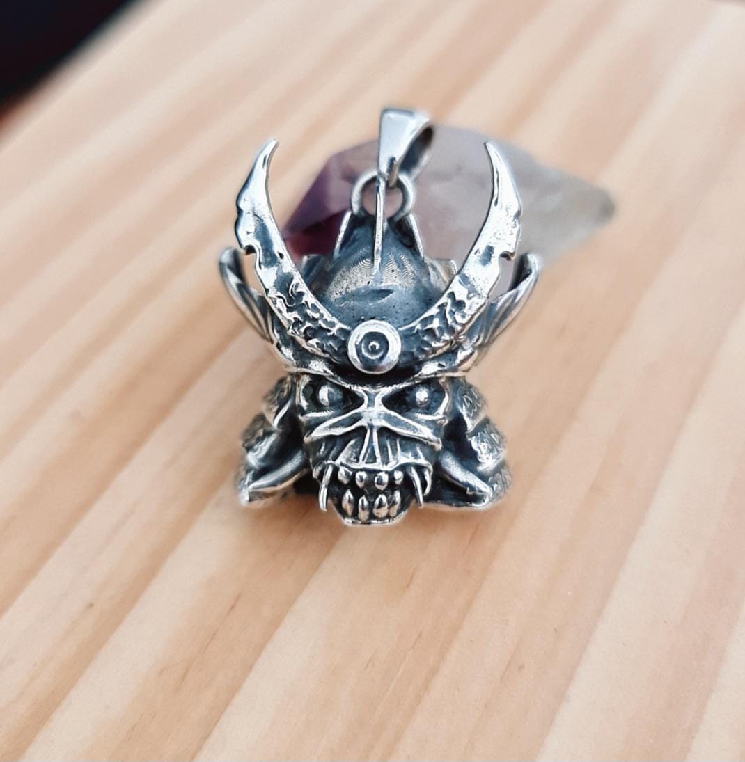 Handmade Sterling Silver Iron Maiden Senjutsu - Samurai Skull Pendant: Rocker Biker Jewelry
