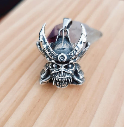 Handmade Sterling Silver Iron Maiden Senjutsu - Samurai Skull Pendant: Rocker Biker Jewelry