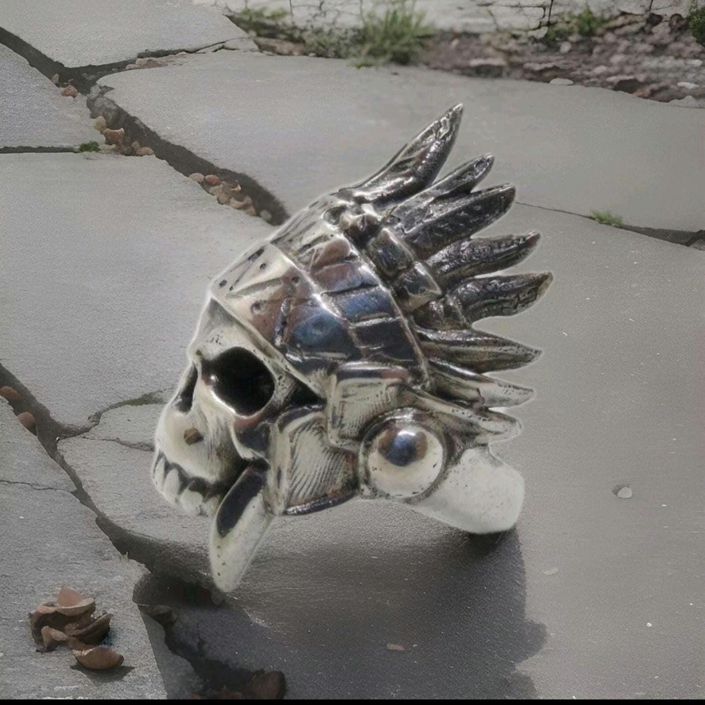 Handmade 925 Sterling Silver Native American Skull Ring: Gothic Chief Indian