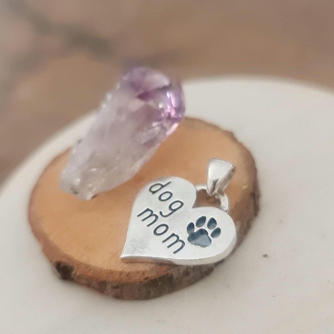 Handmade Sterling Silver Dog Mom Heart Pendant - Paw Engraving