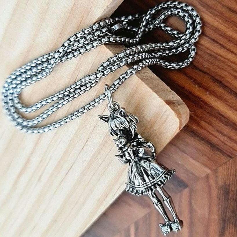 Anime Catgirl Necklace: Pewter Art Deco Pendant, Stainless Steel Chain
