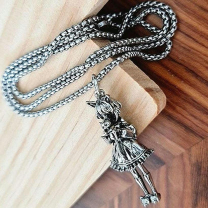 Anime Catgirl Necklace: Pewter Art Deco Pendant, Stainless Steel Chain