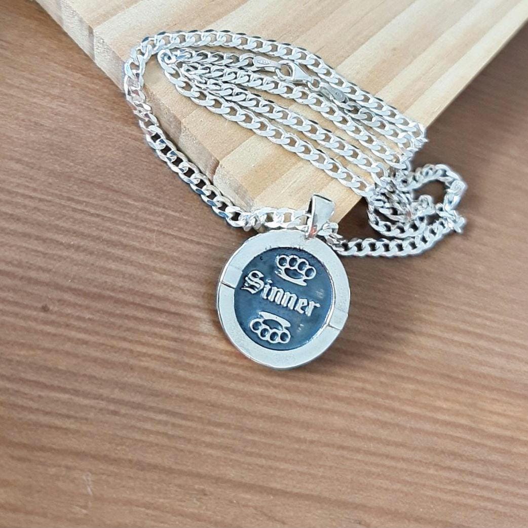 Sterling Silver Sinner Pendant: Gothic Unisex Jewelry