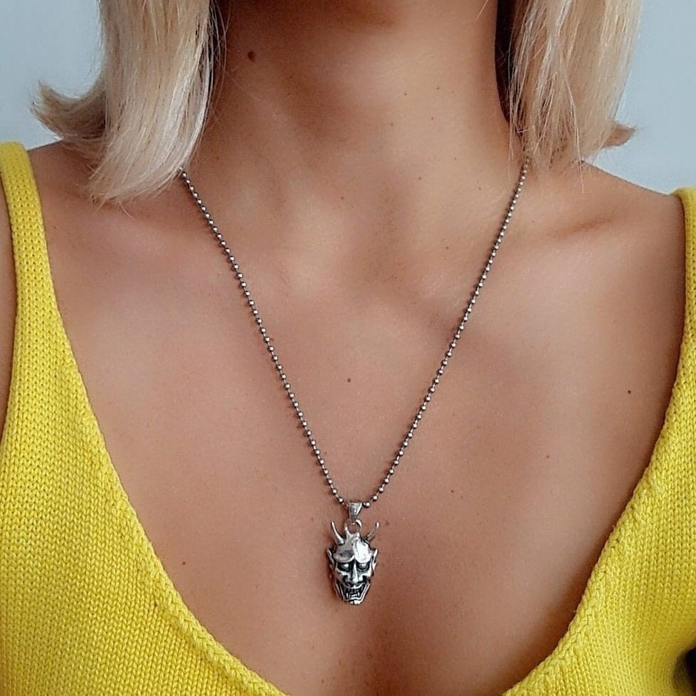 Sterling Silver Japanese Oni Mask Pendant: Gothic Biker Jewelry