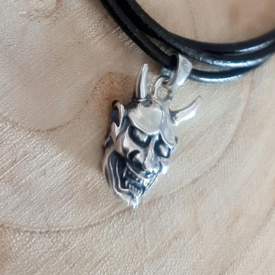 Sterling Silver Japanese Oni Mask Pendant: Gothic Biker Jewelry