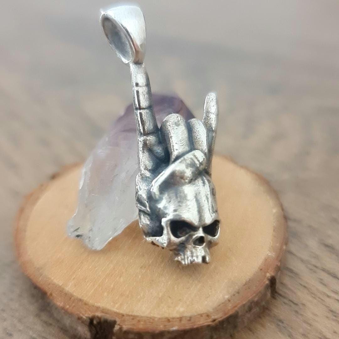 Sterling Silver Rock On Skull Pendant: Punk Gothic Jewelry