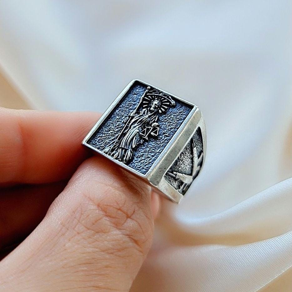 Handmade Santa Muerte Silver Ring: Divine Protection Skull Jewelry