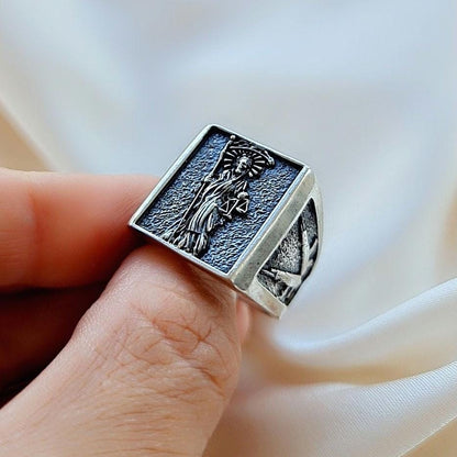 Handmade Santa Muerte Silver Ring: Divine Protection Skull Jewelry