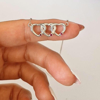 Sterling Silver Interlocking Hearts Necklace: Red Stone Accents, Romantic Gift