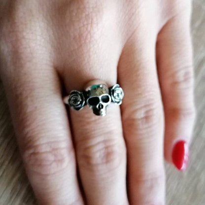 Handmade Sterling Silver Skull Ring with Roses: Edgy Gothic Jewelry