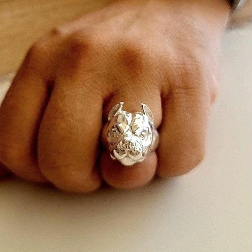 Handmade Sterling Silver American Pit Bull Ring - Dog Lover Gift