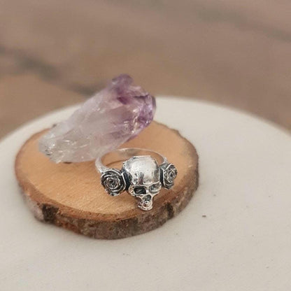 Handmade Sterling Silver Skull Ring with Roses: Edgy Gothic Jewelry