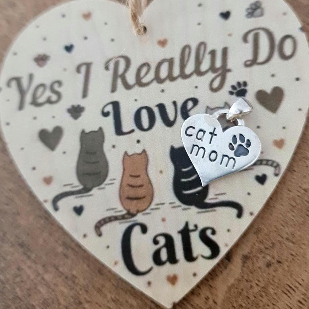 Handmade Sterling Silver Cat Mom Heart Pendant - Paw Print Charm