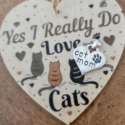 Handmade Sterling Silver Cat Mom Heart Pendant - Paw Print Charm