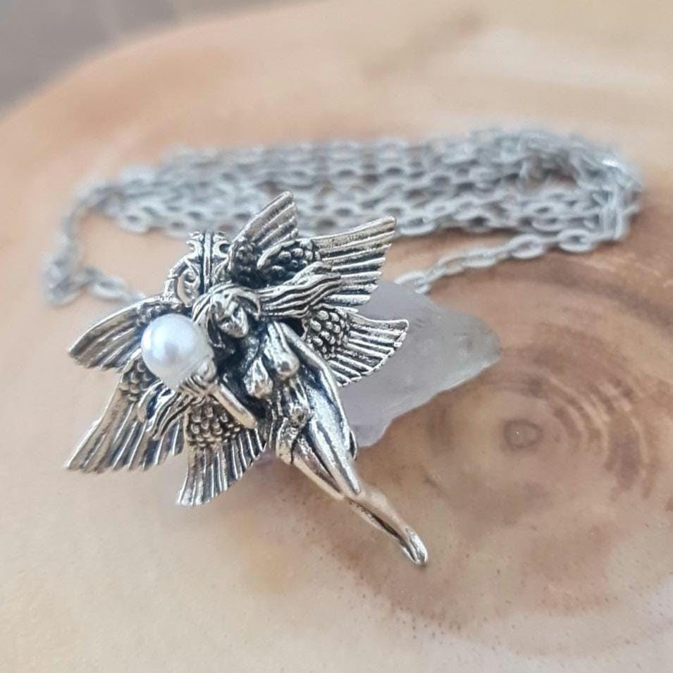 Retro Pearl Goddess Wing Angel Necklace  Unisex anime statement Necklace