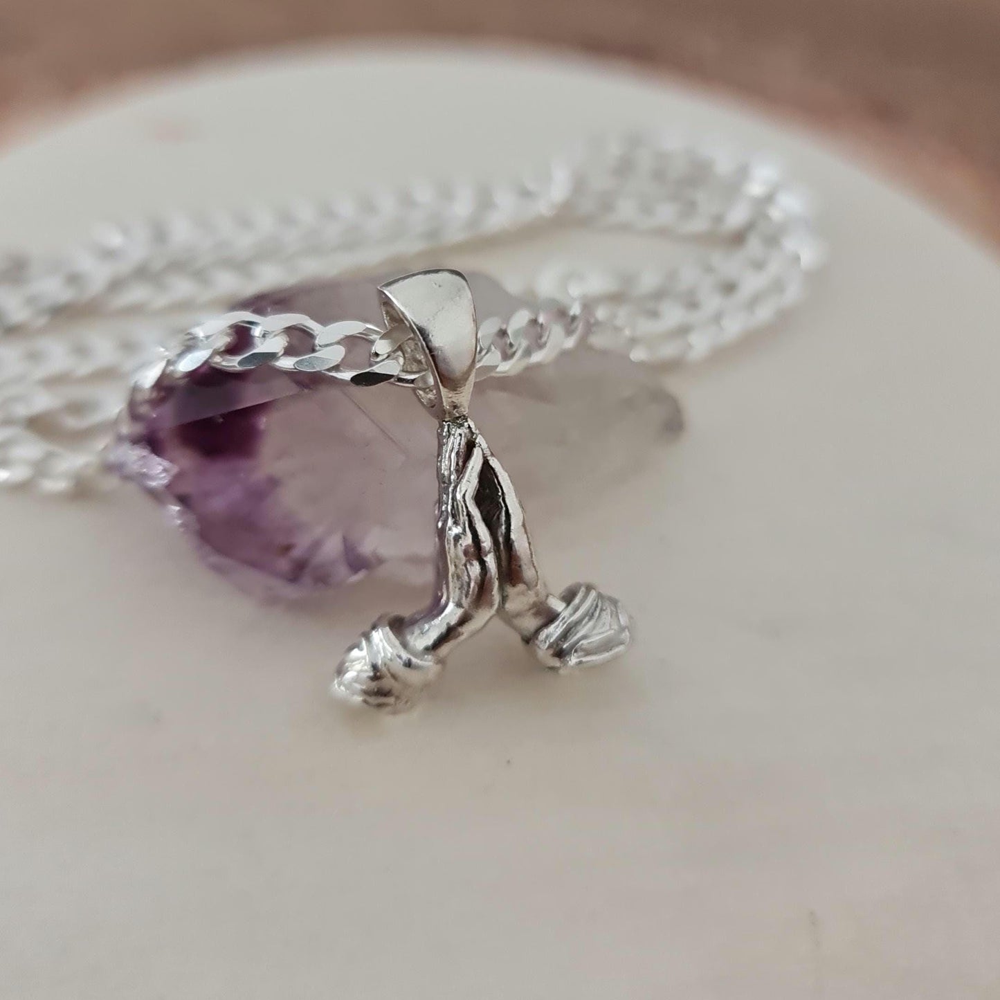 Sterling Silver Praying Hands Pendant: Victorian Style Faith Jewelry